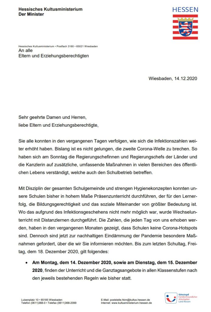 Elternbrief 14.12.2020, Förderverein der Grundschule Rengshausen